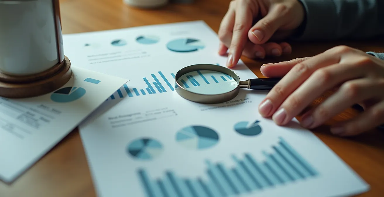 Gros plan sur des mains analysant des graphiques financiers avec une loupe